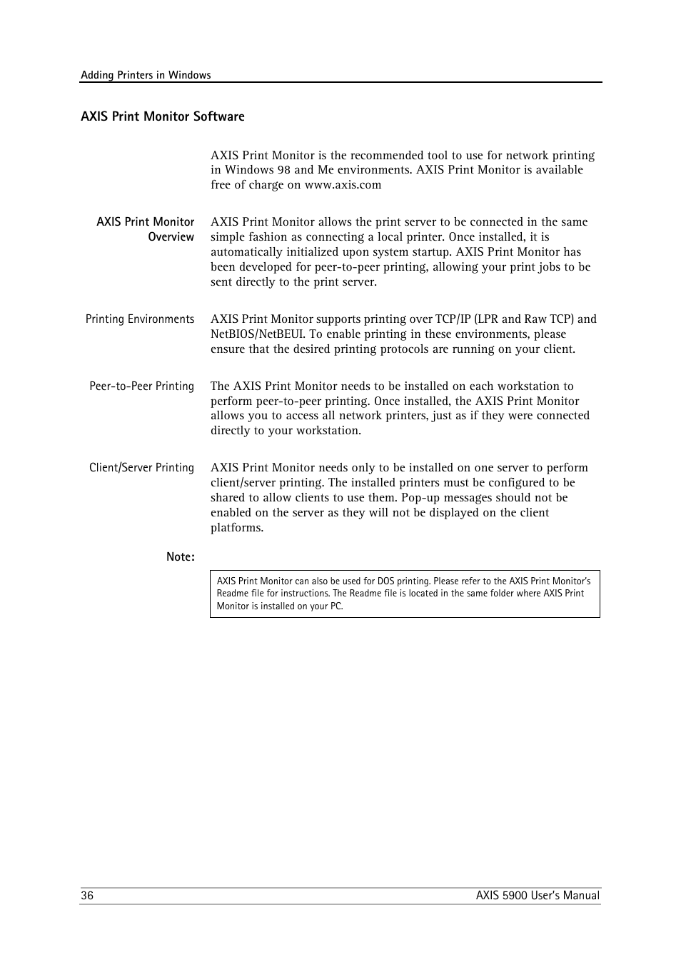 Axis print monitor software, Axis print monitor overview | Philips AXIS 5900 User Manual | Page 36 / 160