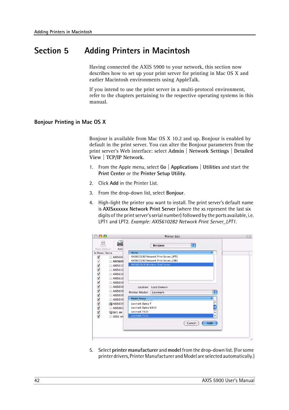 Section 5 adding printers in macintosh, Bonjour printing in mac os x, Section 5 | Adding printers in macintosh | Philips AXIS 5900 User Manual | Page 42 / 160