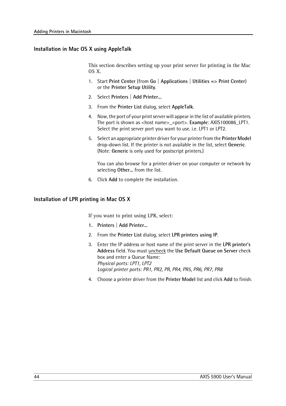 Installation in mac os x using appletalk, Installation of lpr printing in mac os x | Philips AXIS 5900 User Manual | Page 44 / 160