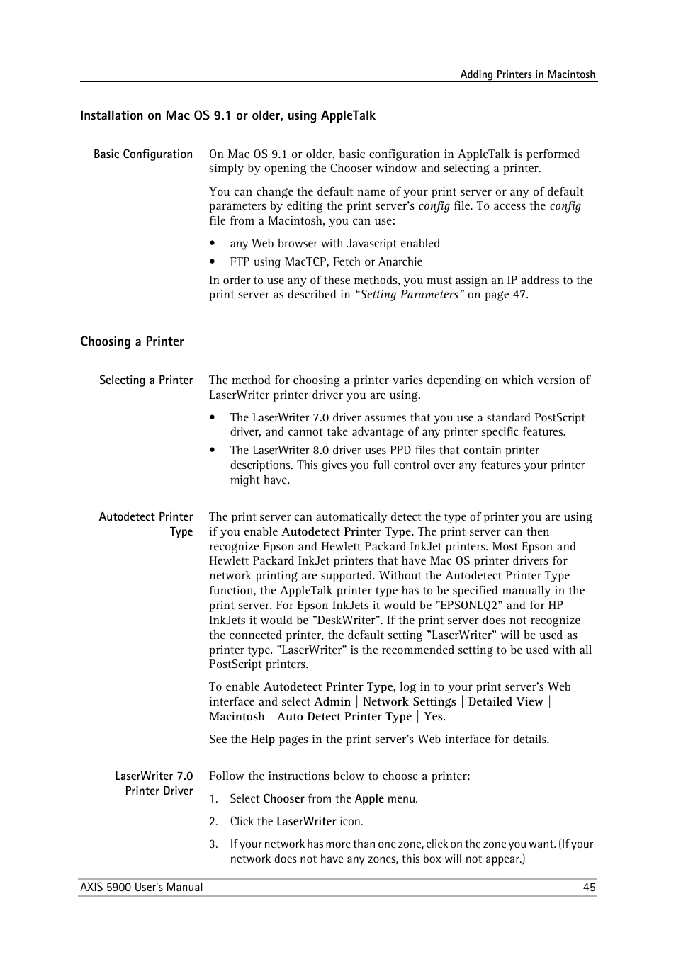 Basic configuration, Choosing a printer, Selecting a printer | Autodetect printer type, Laserwriter 7.0 printer driver | Philips AXIS 5900 User Manual | Page 45 / 160