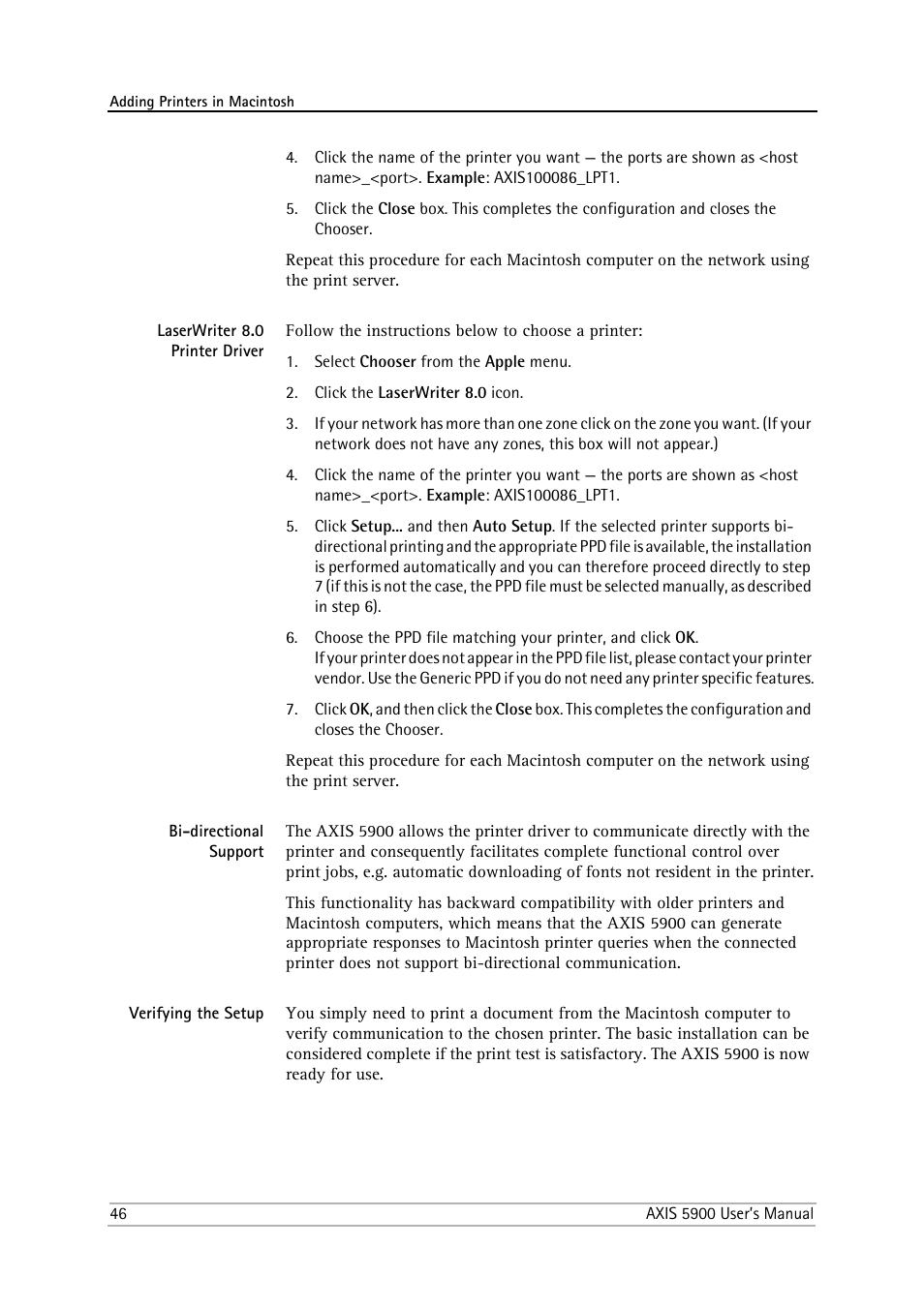 Laserwriter 8.0 printer driver, Bi-directional support, Verifying the setup | Philips AXIS 5900 User Manual | Page 46 / 160