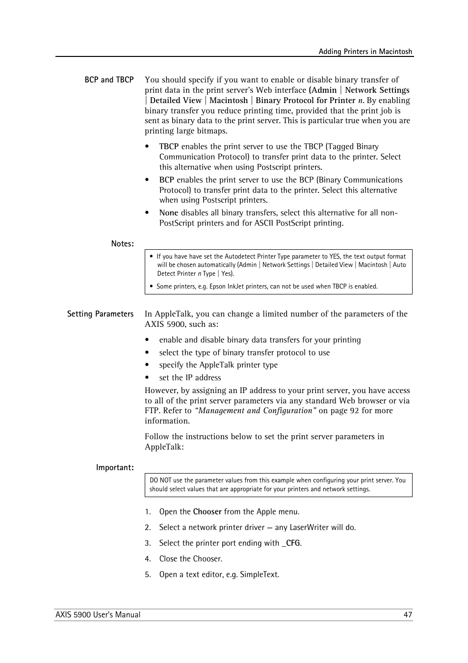 Bcp and tbcp, Setting parameters | Philips AXIS 5900 User Manual | Page 47 / 160