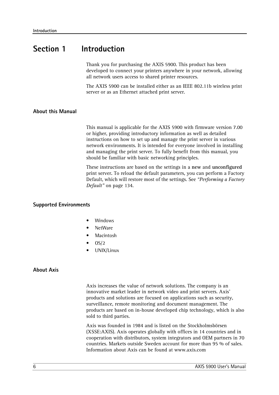 Section 1 introduction, About this manual, Supported environments | About axis, Section 1, Introduction | Philips AXIS 5900 User Manual | Page 6 / 160