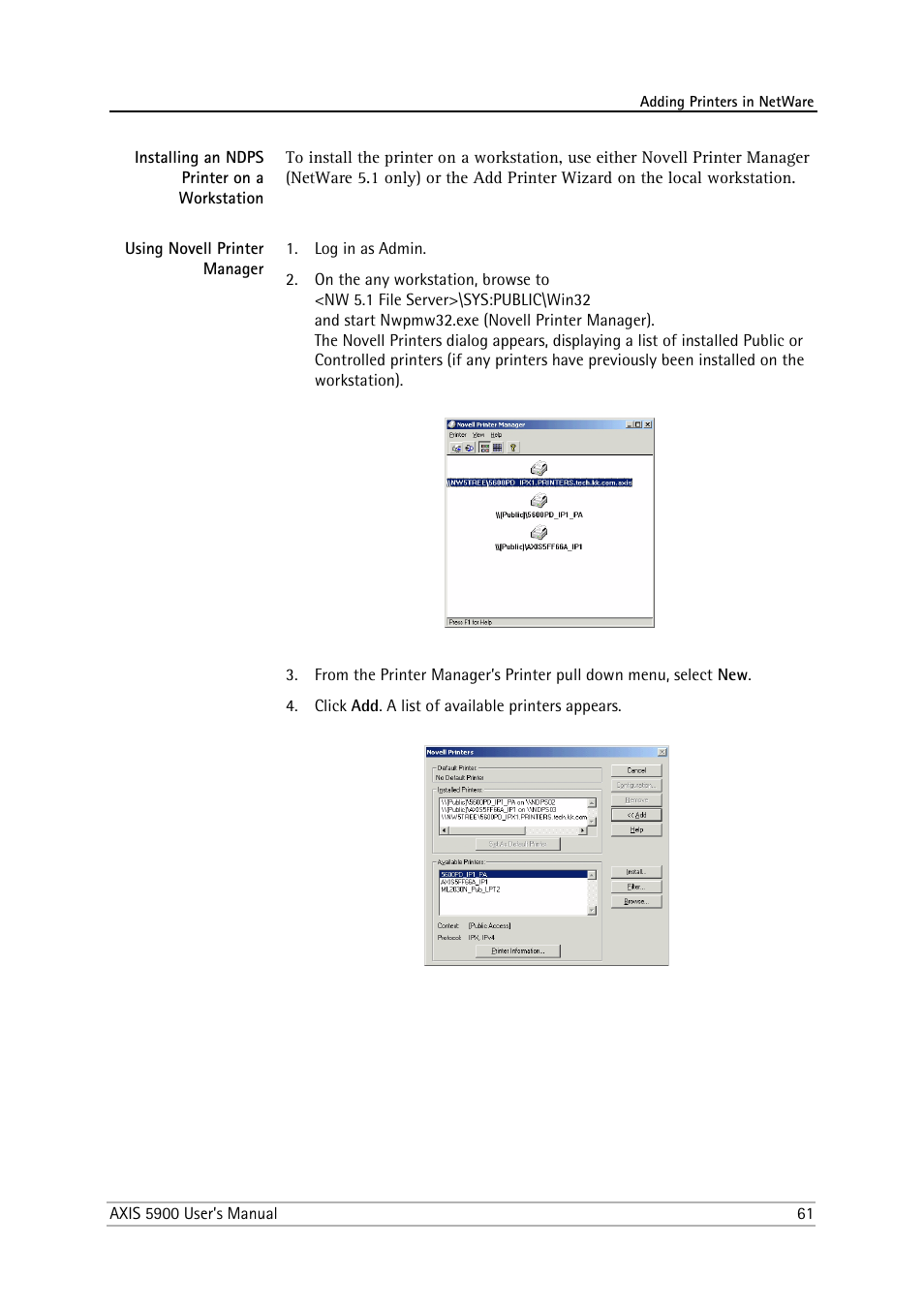 Installing an ndps printer on a workstation | Philips AXIS 5900 User Manual | Page 61 / 160