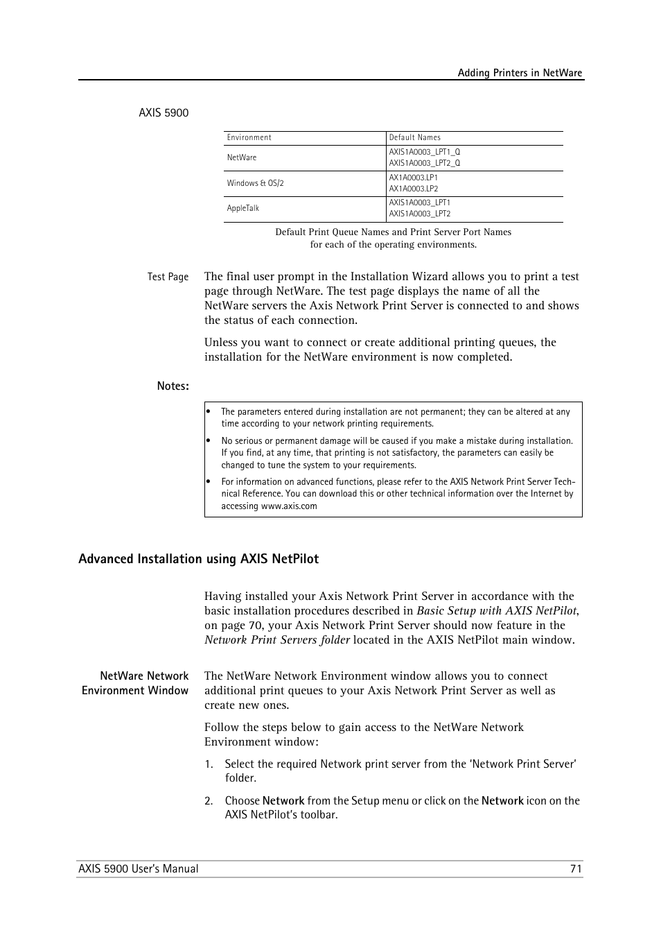 Advanced installation using axis netpilot, Netware network environment window | Philips AXIS 5900 User Manual | Page 71 / 160