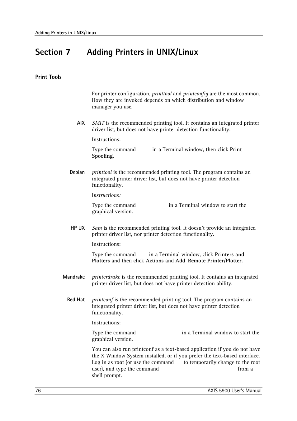 Section 7 adding printers in unix/linux, Print tools, Debian | Hp ux, Mandrake, Red hat, Section 7, Adding printers in unix/linux | Philips AXIS 5900 User Manual | Page 76 / 160