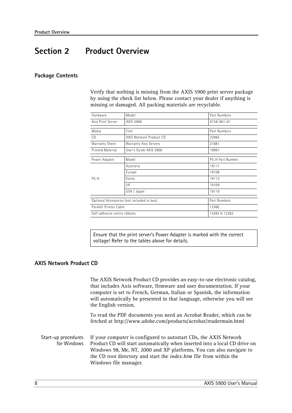 Section 2 product overview, Package contents, Axis network product cd | Section 2, Product overview | Philips AXIS 5900 User Manual | Page 8 / 160