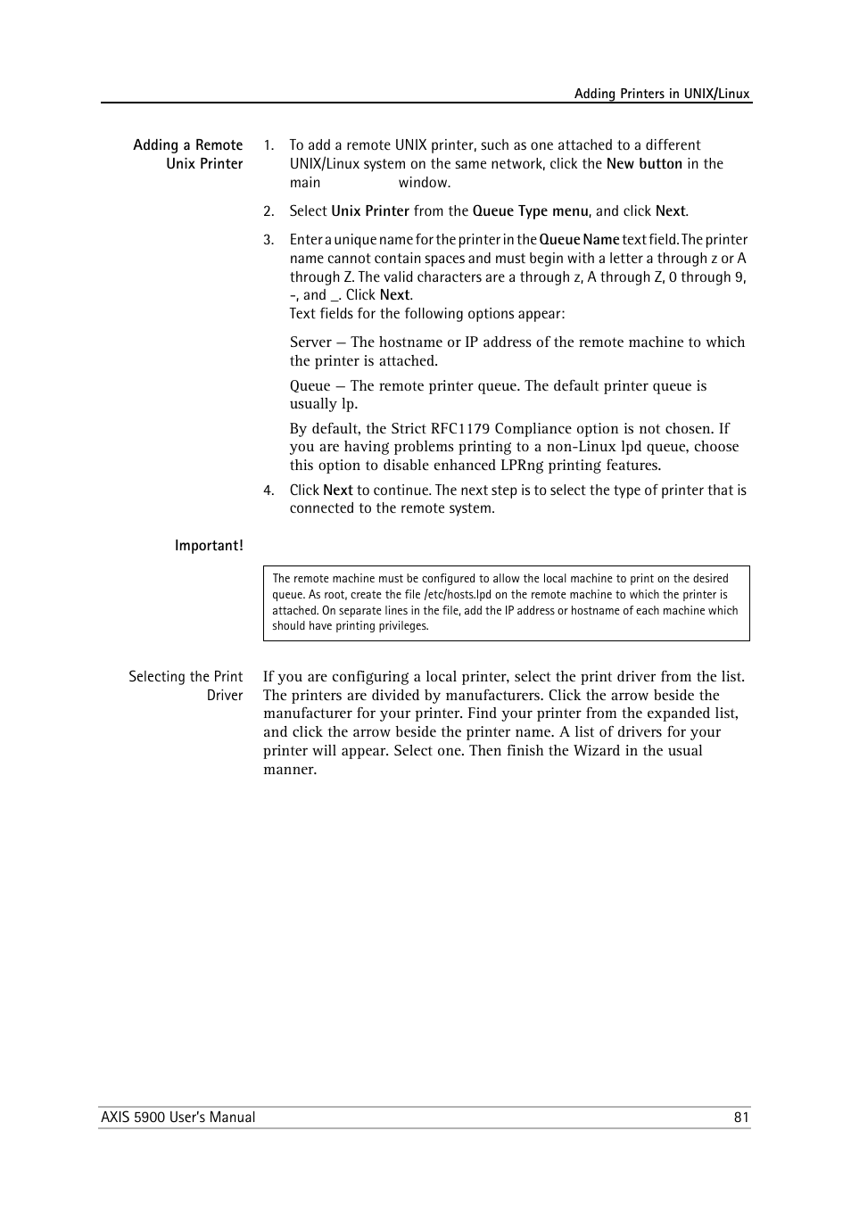 Adding a remote unix printer | Philips AXIS 5900 User Manual | Page 81 / 160