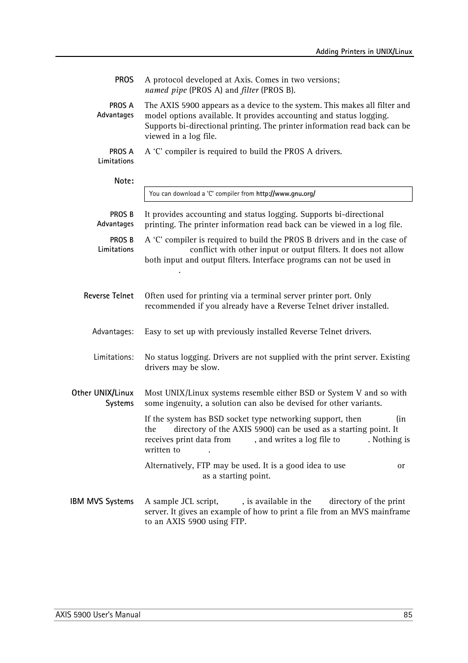 Pros, Reverse telnet, Other unix/linux systems | Ibm mvs systems | Philips AXIS 5900 User Manual | Page 85 / 160