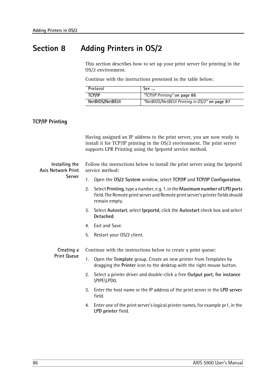 Section 8 adding printers in os/2, Tcp/ip printing, Installing the axis network print server | Creating a print queue, Section 8, Adding printers in os/2 | Philips AXIS 5900 User Manual | Page 86 / 160