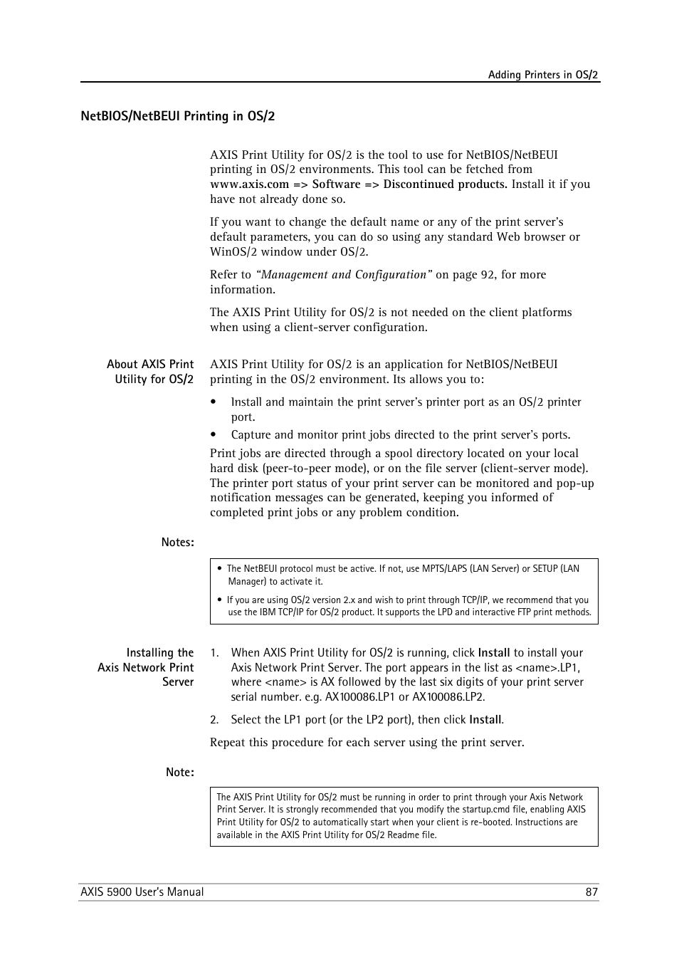 Netbios/netbeui printing in os/2, About axis print utility for os/2, Installing the axis network print server | Philips AXIS 5900 User Manual | Page 87 / 160