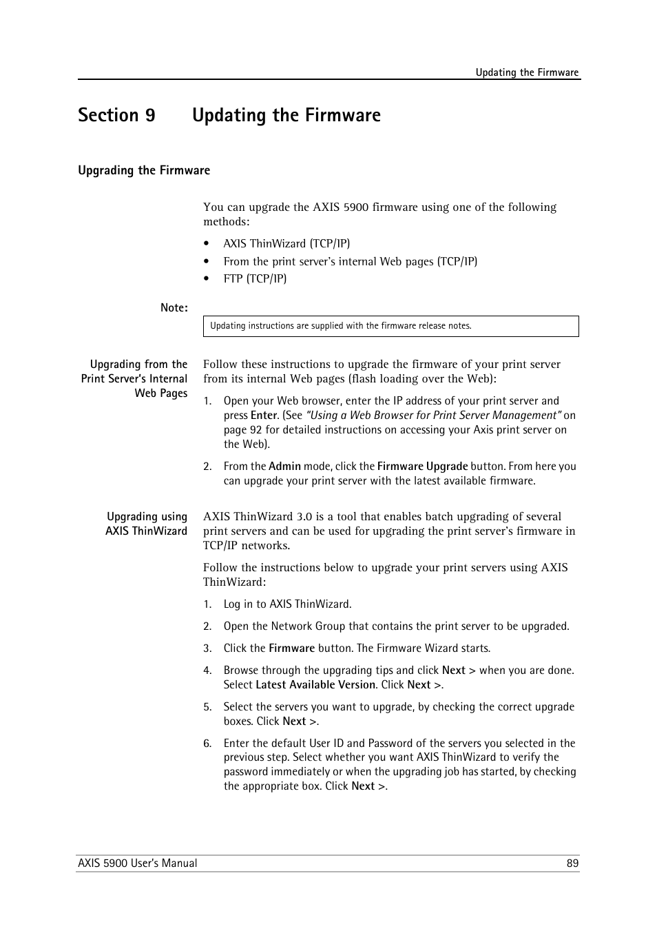 Section 9 updating the firmware, Upgrading the firmware, Upgrading using axis thinwizard | Section 9, Updating the firmware | Philips AXIS 5900 User Manual | Page 89 / 160