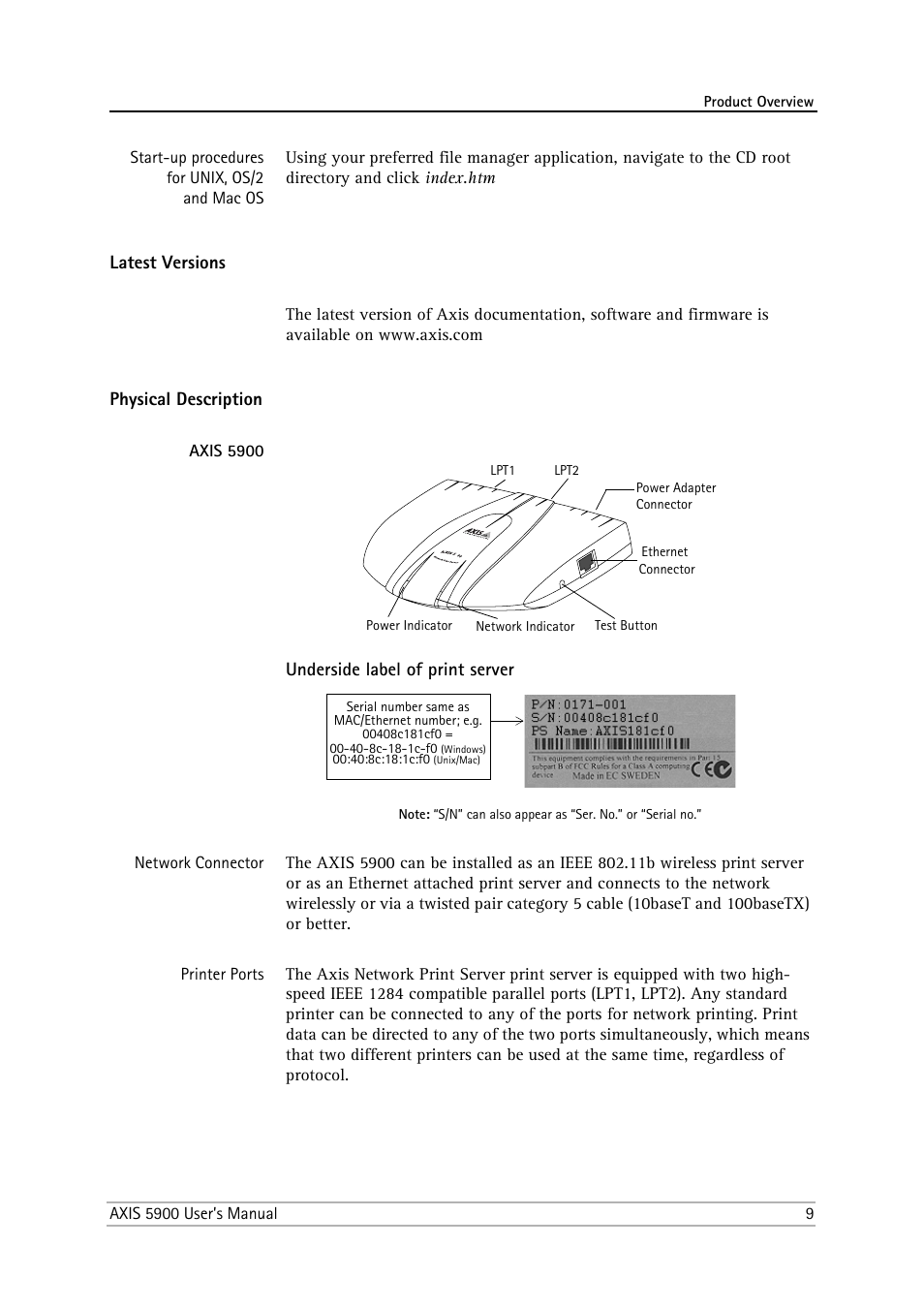 Latest versions, Physical description, Axis 5900 | Underside label of print server | Philips AXIS 5900 User Manual | Page 9 / 160