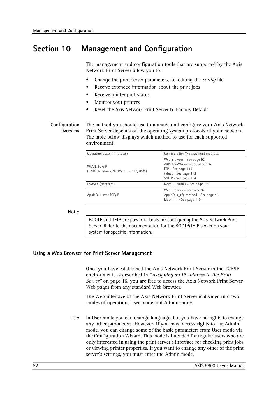 Section 10 management and configuration, Configuration overview, Using a web browser for print server management | Section 10, Management and configuration, To “management, Using a web browser for print | Philips AXIS 5900 User Manual | Page 92 / 160