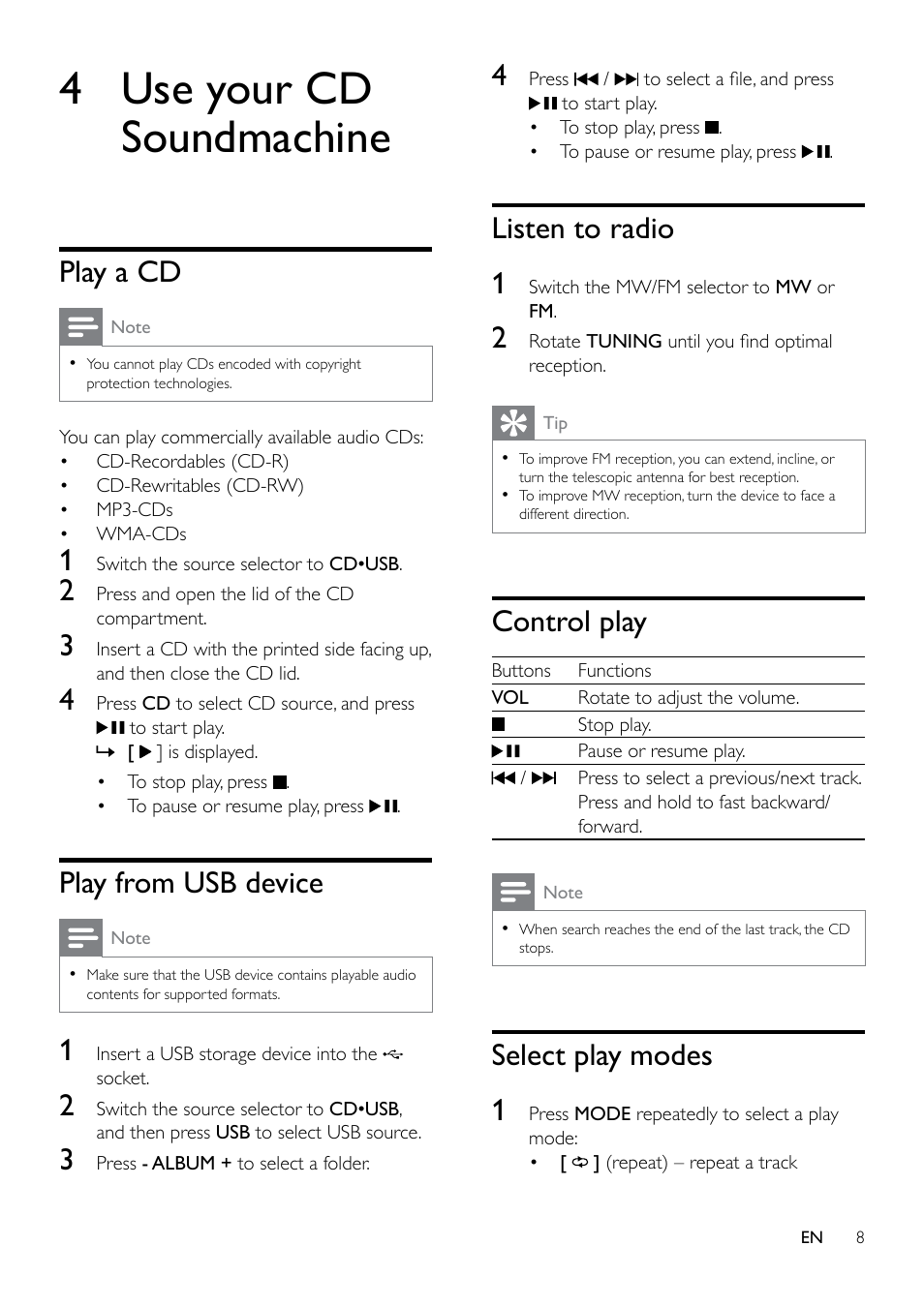 4 use your cd soundmachine, Play a cd, Play from usb device | Listen to radio, Control play, Select play modes, Listen to radio 1, Select play modes 1 | Philips AZ1837 User Manual | Page 10 / 16