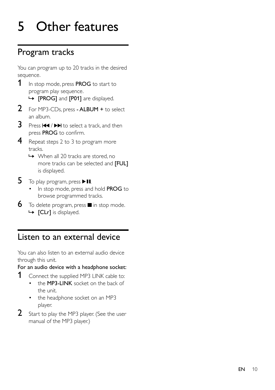 5 other features, Program tracks, Listen to an external device | Philips AZ1837 User Manual | Page 12 / 16