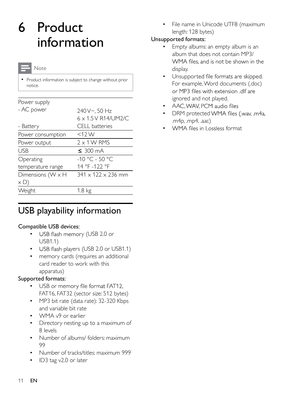 6 product information, Usb playability information | Philips AZ1837 User Manual | Page 13 / 16