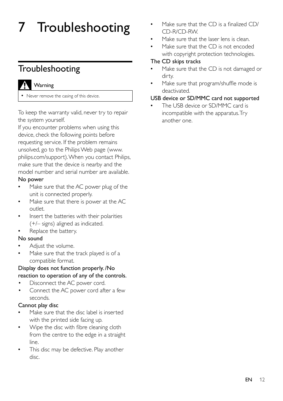 7 troubleshooting, Troubleshooting, Troubleshooting 13 | Philips AZ1837 User Manual | Page 14 / 16