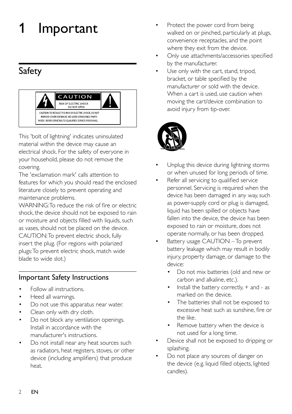 1 important, Safety, Important safety instructions | Safety 2 | Philips AZ1837 User Manual | Page 4 / 16