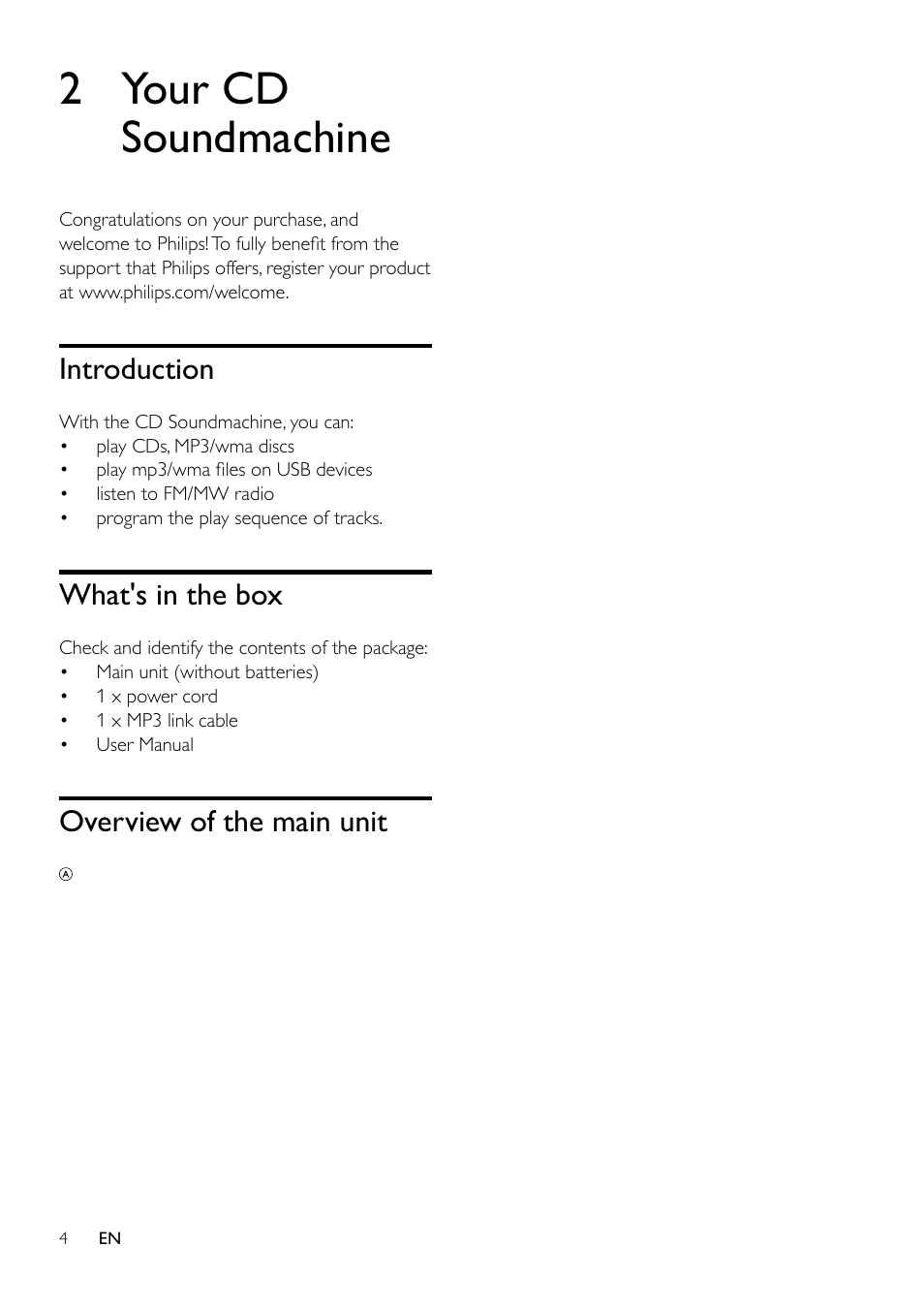 2 your cd soundmachine, Introduction, What's in the box | Overview of the main unit, Introduction 4 | Philips AZ1837 User Manual | Page 6 / 16