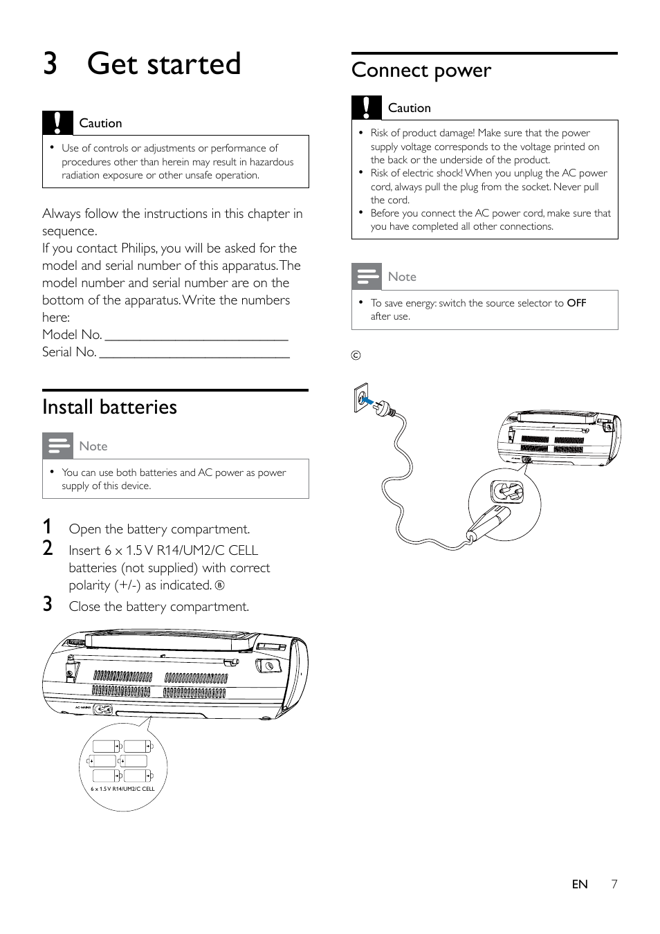 3 get started, Install batteries, Connect power | Philips AZ1837 User Manual | Page 9 / 16