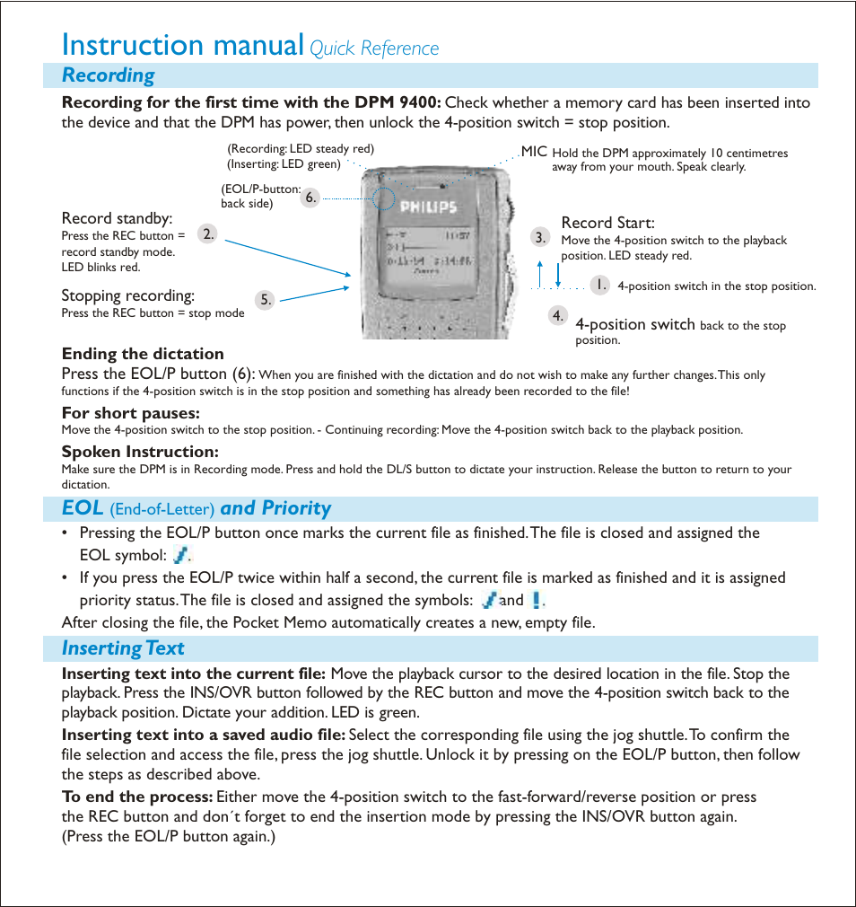 Instruction manual, Recording eol, And priority inserting text | Quick reference | Philips 9400 User Manual | Page 3 / 6