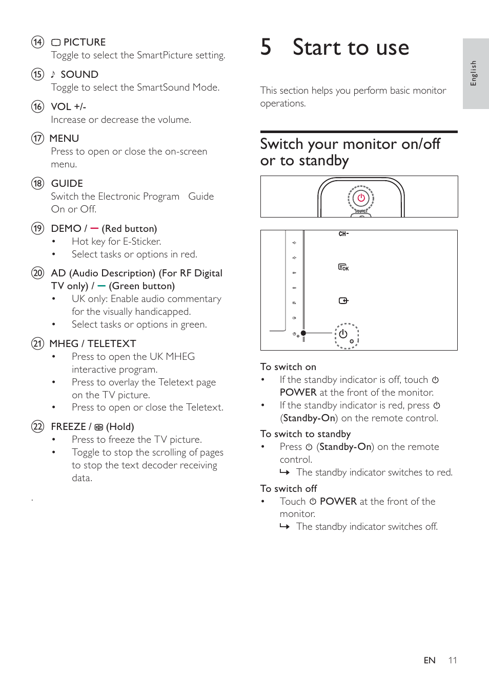 A picture, J> sound, Menu | Guide, Demo/ —(redbutton), Mheg / teletext, Freeze/® (hold), 5 start to use, To switch on, To switch to standby | Philips 191TE2L User Manual | Page 13 / 32