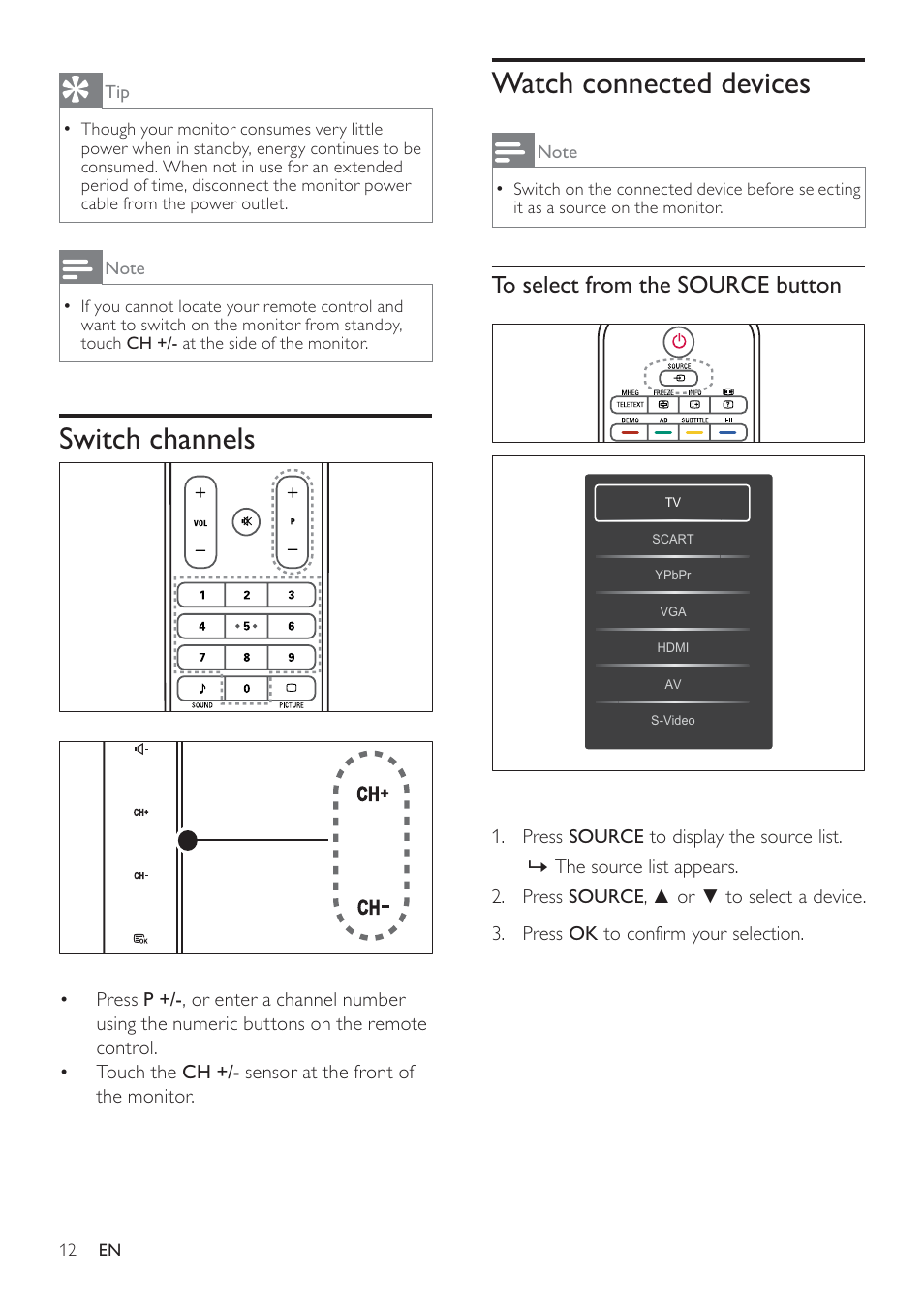 I note, Watch connected devices, Switch channels | Philips 191TE2L User Manual | Page 14 / 32