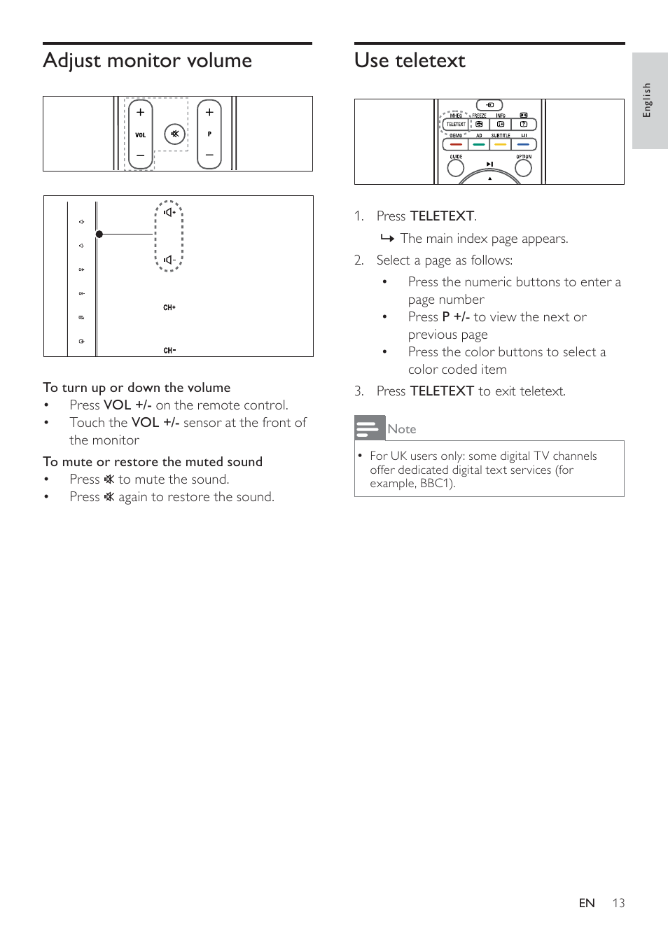 To turn up or down the volume, To mute or restore the muted sound, Adjust monitor volume use teletext | Philips 191TE2L User Manual | Page 15 / 32