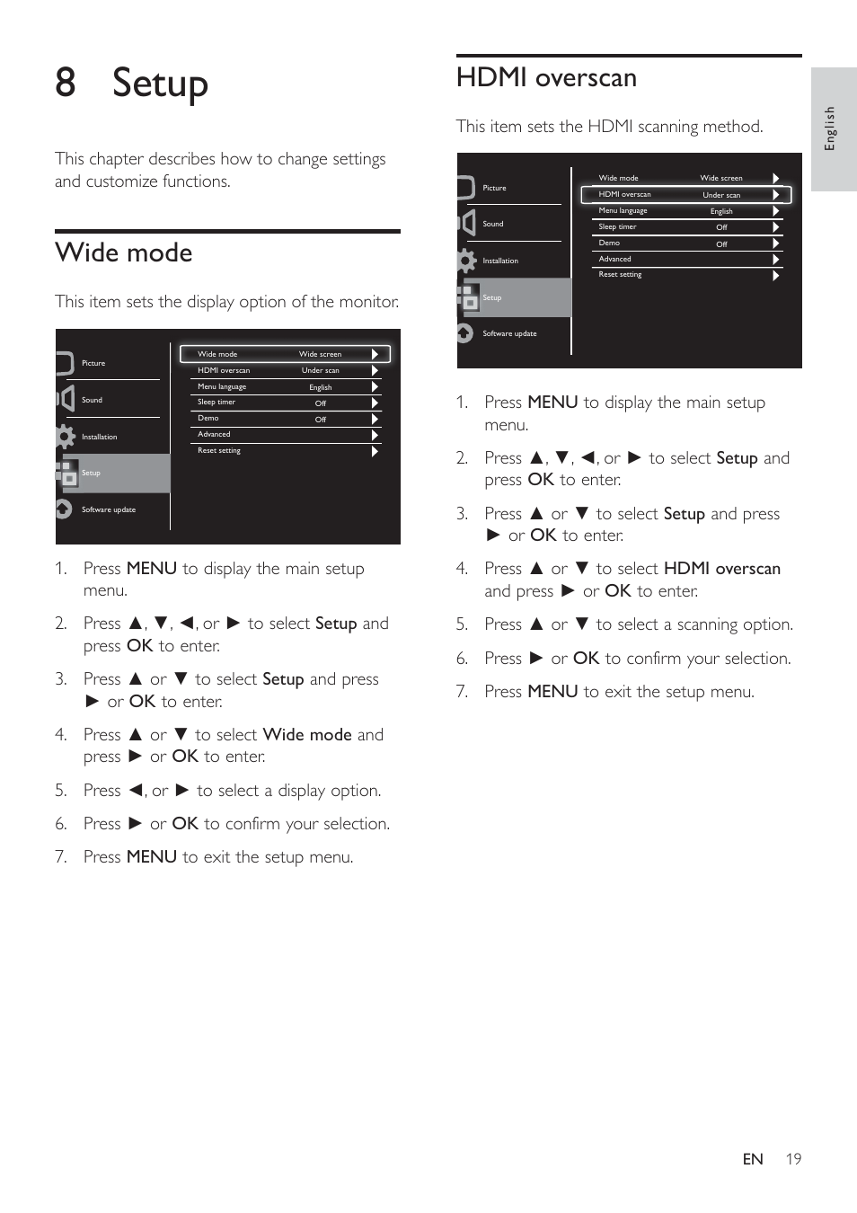 8 setup, Wide mode, Hdmi overscan | Philips 191TE2L User Manual | Page 21 / 32