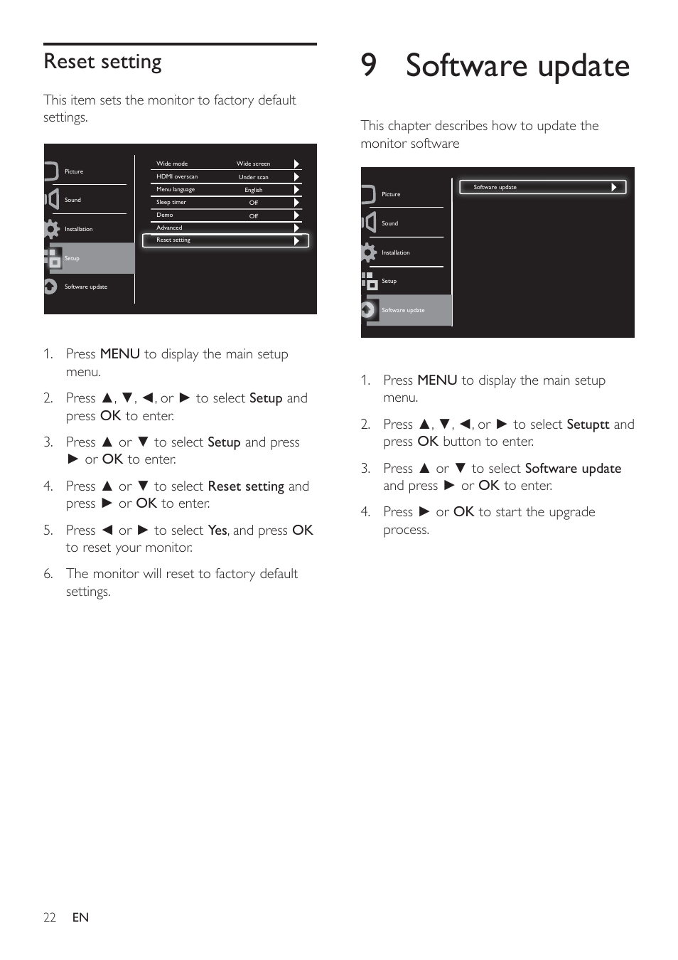 9 software update, Reset setting | Philips 191TE2L User Manual | Page 24 / 32