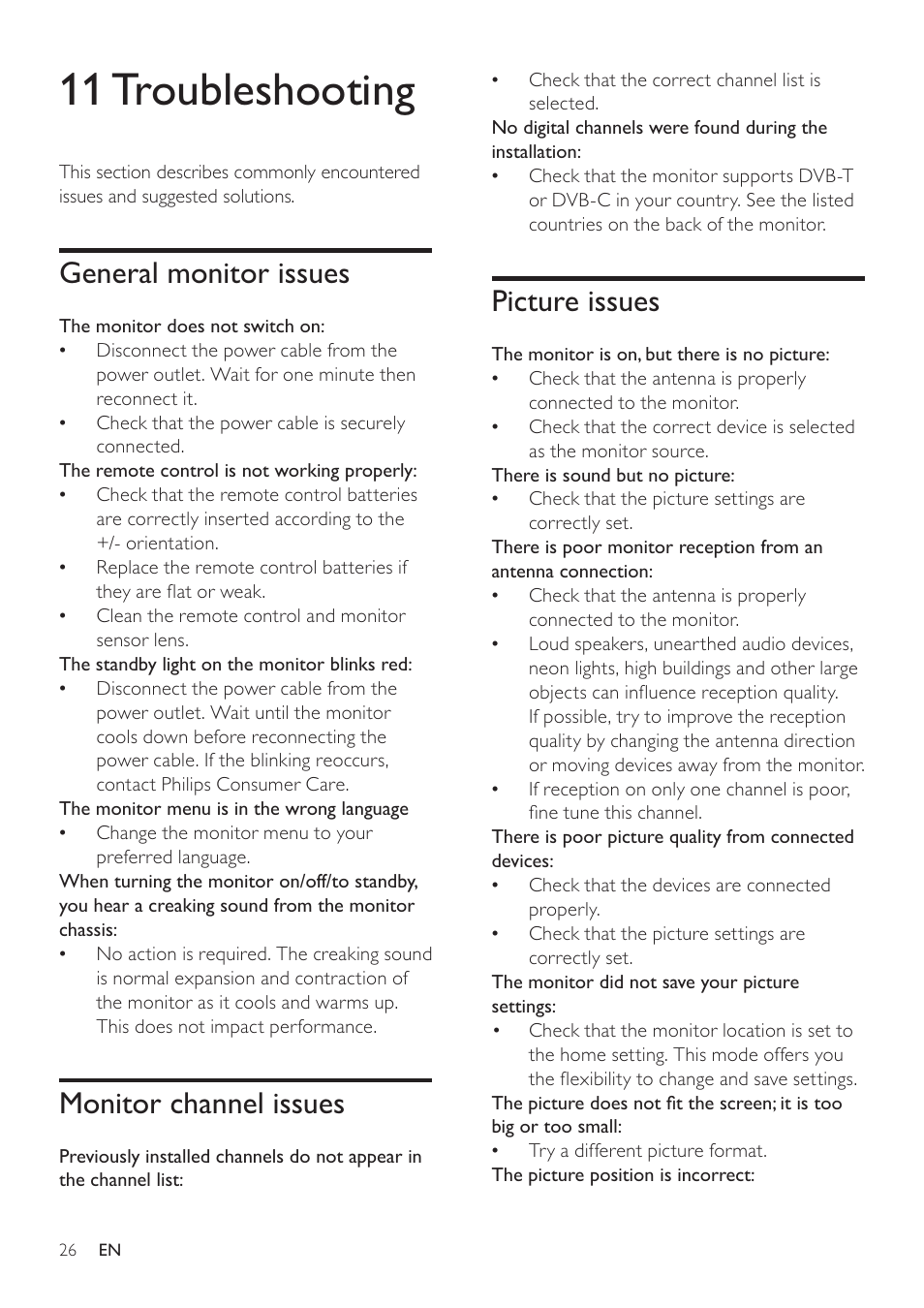 11 troubleshooting, The monitor does not switch on, The monitor is on, but there is no picture | General monitor issues, Monitor channel issues, Picture issues | Philips 191TE2L User Manual | Page 28 / 32