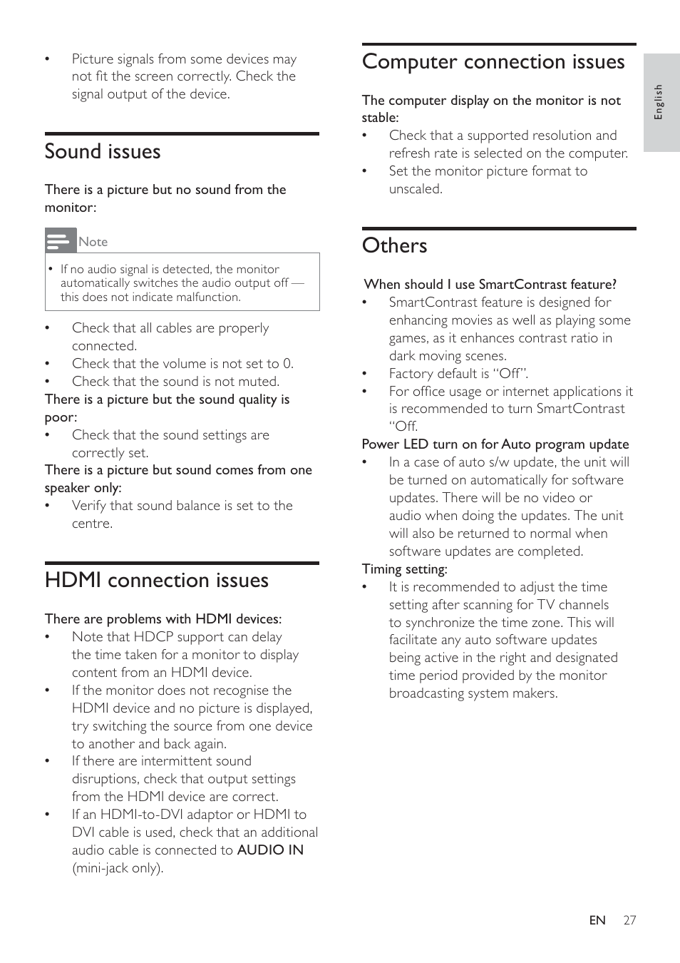 There is a picture but no sound from the monitor, There are problems with hdmi devices, The computer display on the monitor is not stable | When should i use smartcontrastfeature, Sound issues, Hdmi connection issues, Computer connection issues, Others | Philips 191TE2L User Manual | Page 29 / 32