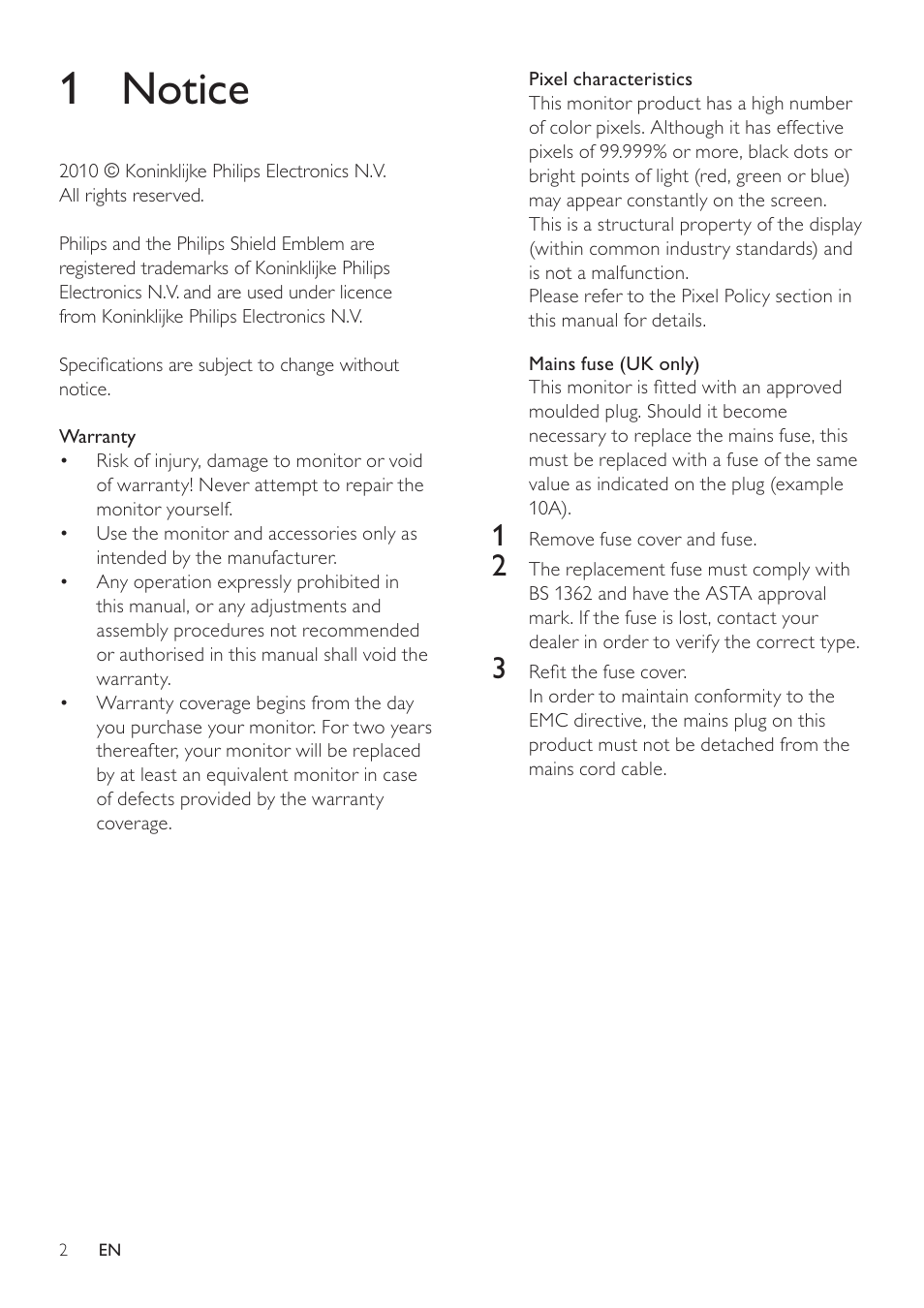 1 notice, Warranty, Pixel characteristics | Mains fuse (uk only) | Philips 191TE2L User Manual | Page 4 / 32