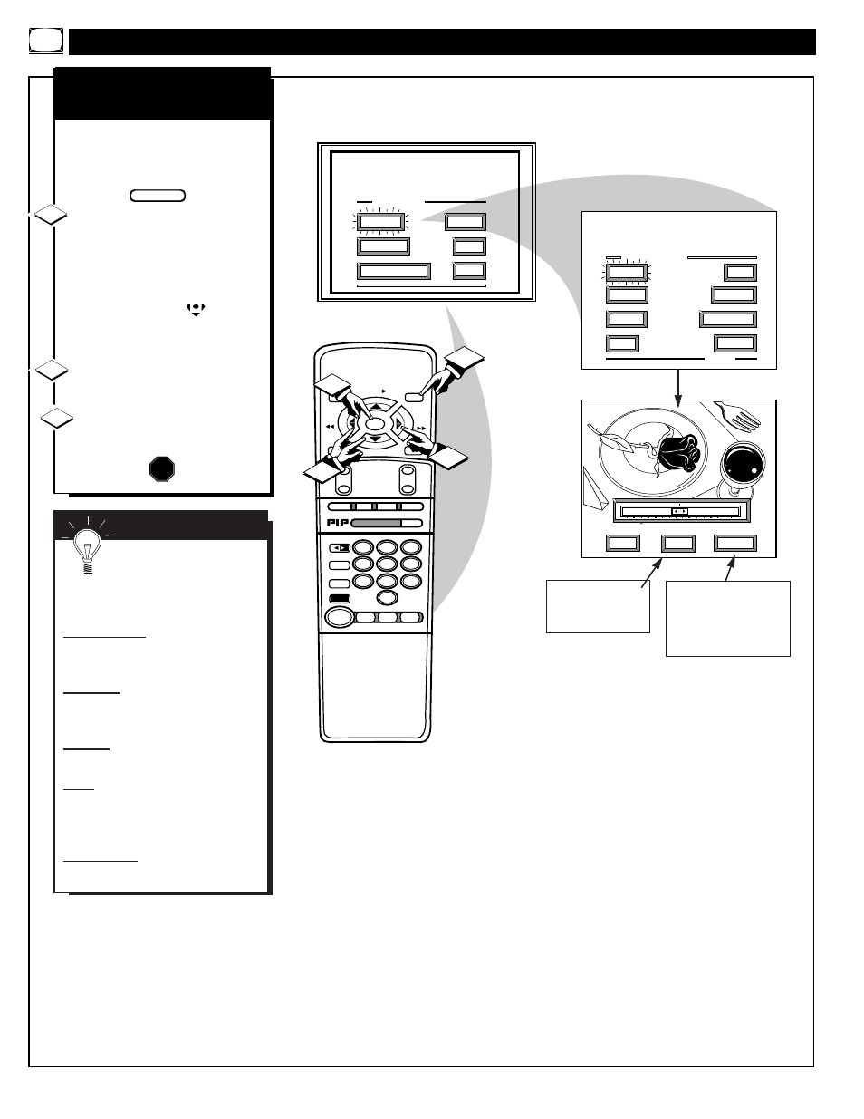 Icture, Ontrol, Djustments | 12 3 s, Color, brightness, sharpness, tint, picture stop | Philips 9P5540C1 User Manual | Page 6 / 60