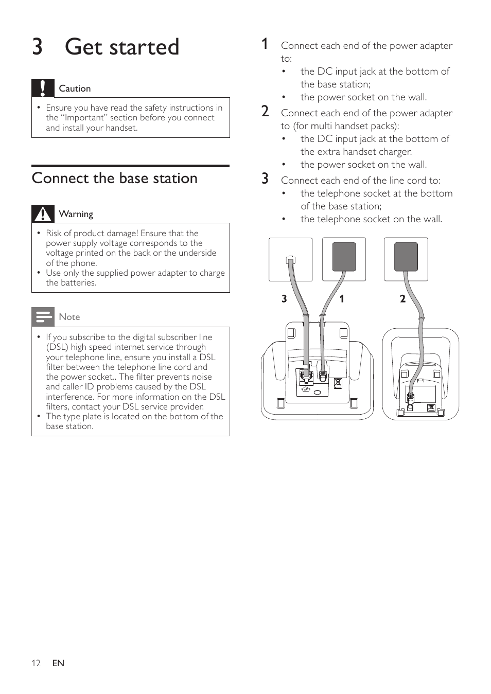 3 get started, Connect the base station, 3 get | Started | Philips SE765 User Manual | Page 12 / 52