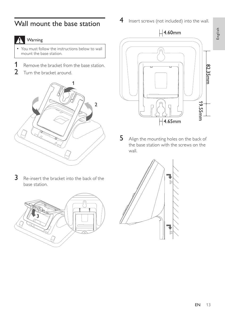 Wall mount the base station | Philips SE765 User Manual | Page 13 / 52