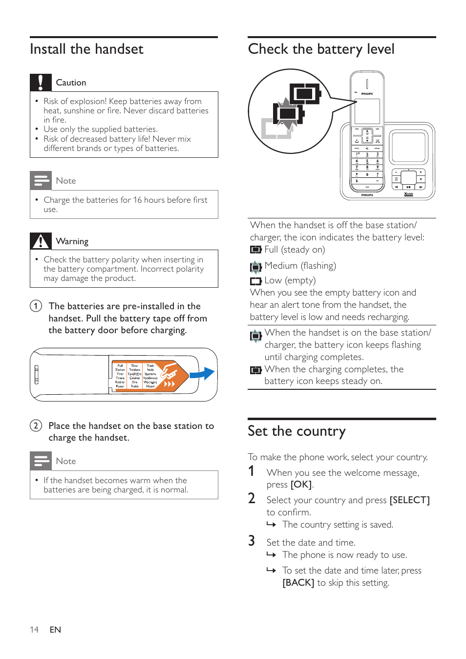 Install the handset, Check the battery level, Set the country | Philips SE765 User Manual | Page 14 / 52