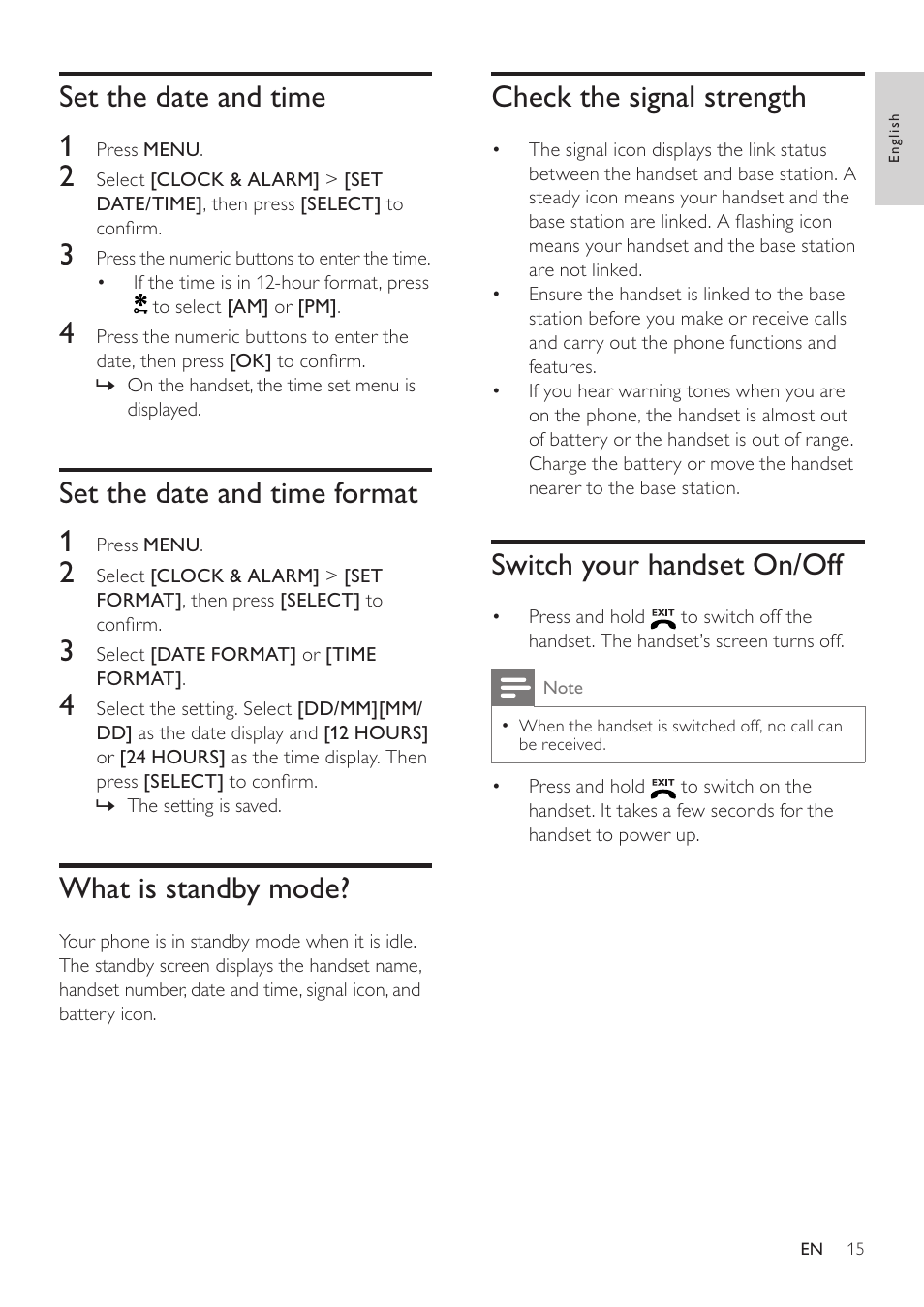 Set the date and time, Set the date and time format, What is standby mode | Check the signal strength, Switch your handset on/off, Set the date and time 1, Set the date and time format 1 | Philips SE765 User Manual | Page 15 / 52