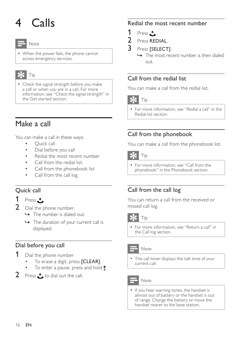 4 calls, Make a call | Philips SE765 User Manual | Page 16 / 52