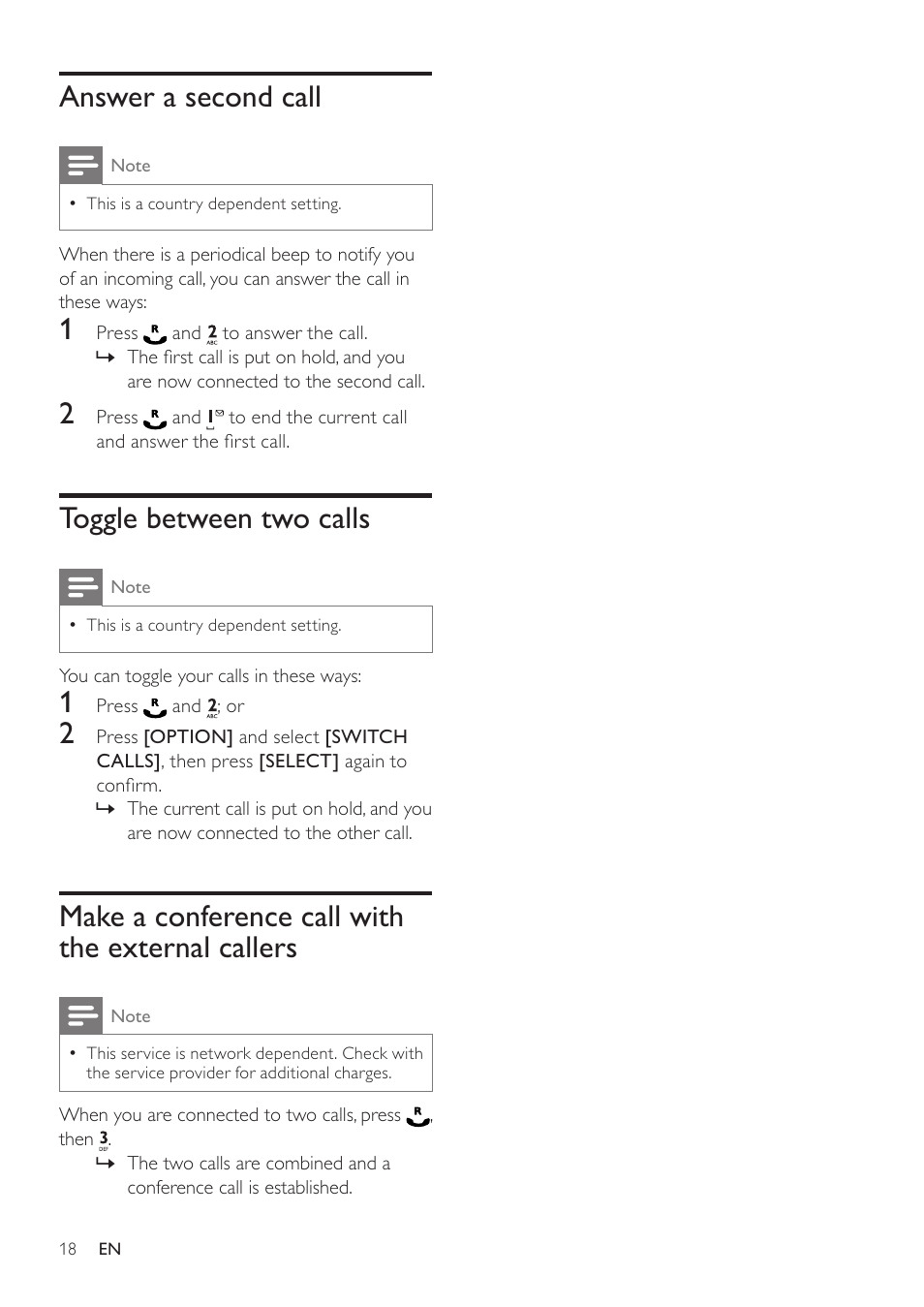 Answer a second call, Toggle between two calls, Make a conference call with the external callers | Make a conference call with the, External callers | Philips SE765 User Manual | Page 18 / 52