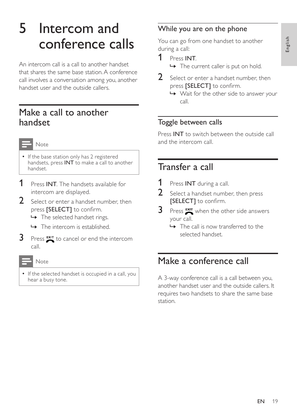 5 intercom and conference calls, Make a call to another handset, Transfer a call | Make a conference call, Transfer a call 1 | Philips SE765 User Manual | Page 19 / 52