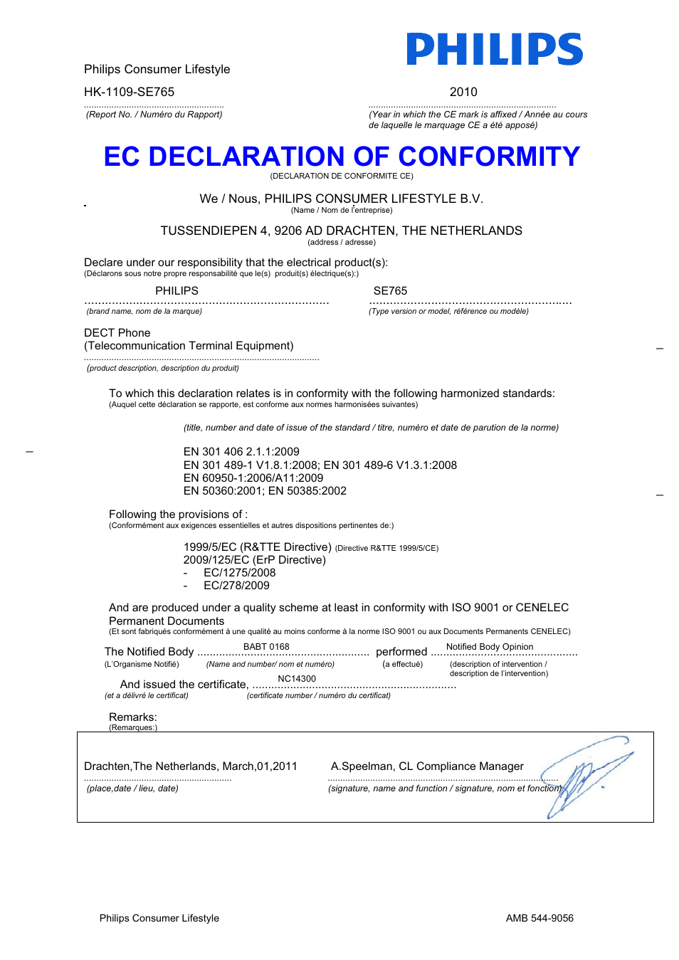 Ec declaration of conformity | Philips SE765 User Manual | Page 2 / 52