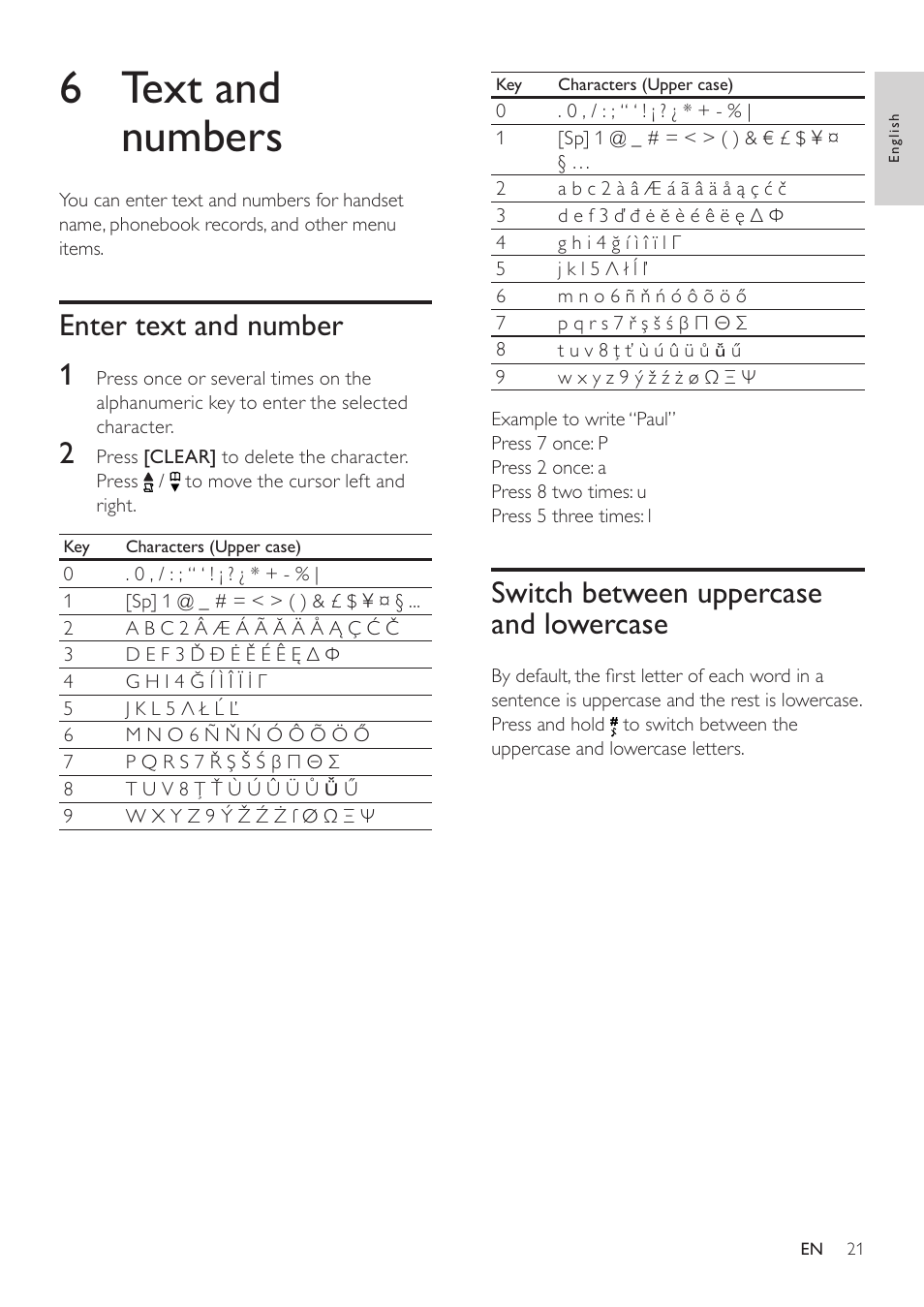 6 text and numbers, Enter text and number, Switch between uppercase and lowercase | Switch between uppercase and, Lowercase, Enter text and number 1 | Philips SE765 User Manual | Page 21 / 52