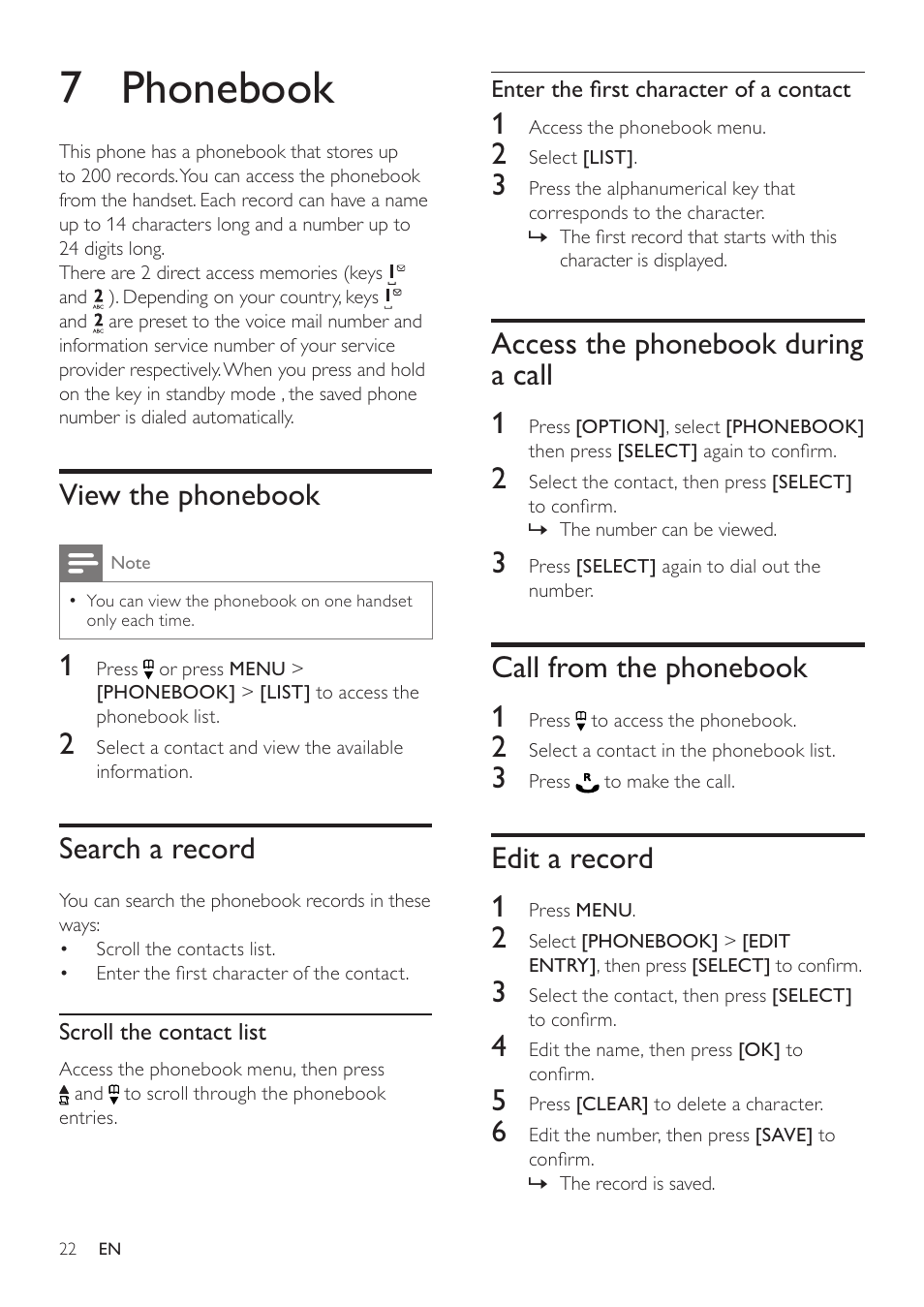 7 phonebook, View the phonebook, Search a record | Access the phonebook during a call, Call from the phonebook, Edit a record, Access the phonebook during a call 1, Call from the phonebook 1, Edit a record 1 | Philips SE765 User Manual | Page 22 / 52