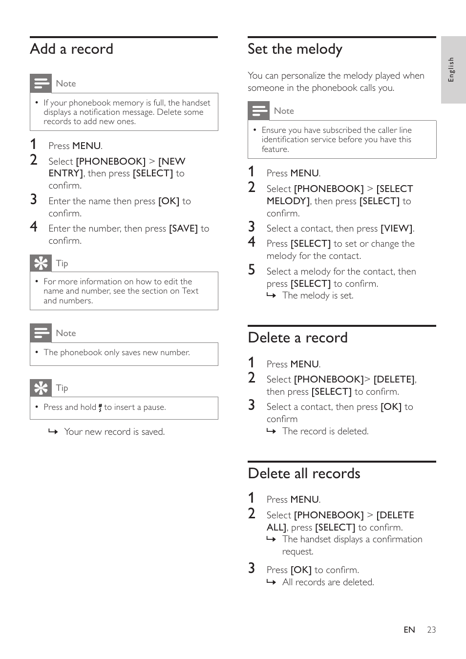 Add a record, Set the melody, Delete a record | Delete all records, Delete a record 1, Delete all records 1 | Philips SE765 User Manual | Page 23 / 52