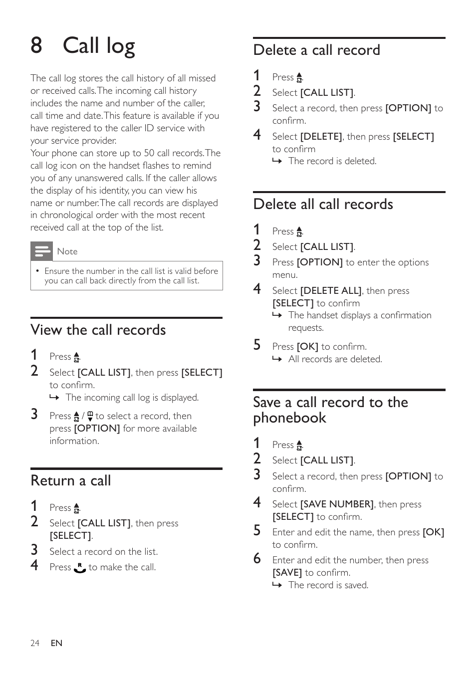 8 call log, View the call records, Return a call | Delete a call record, Delete all call records, Save a call record to the phonebook, 8 call, Save a call record to the phonebook 24, View the call records 1, Return a call 1 | Philips SE765 User Manual | Page 24 / 52