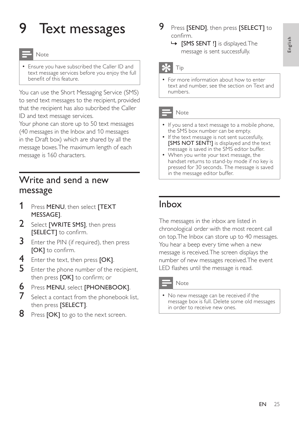 9 text messages, Write and send a new message, Inbox | 9 text, Messages, Write and send a new message 1 | Philips SE765 User Manual | Page 25 / 52