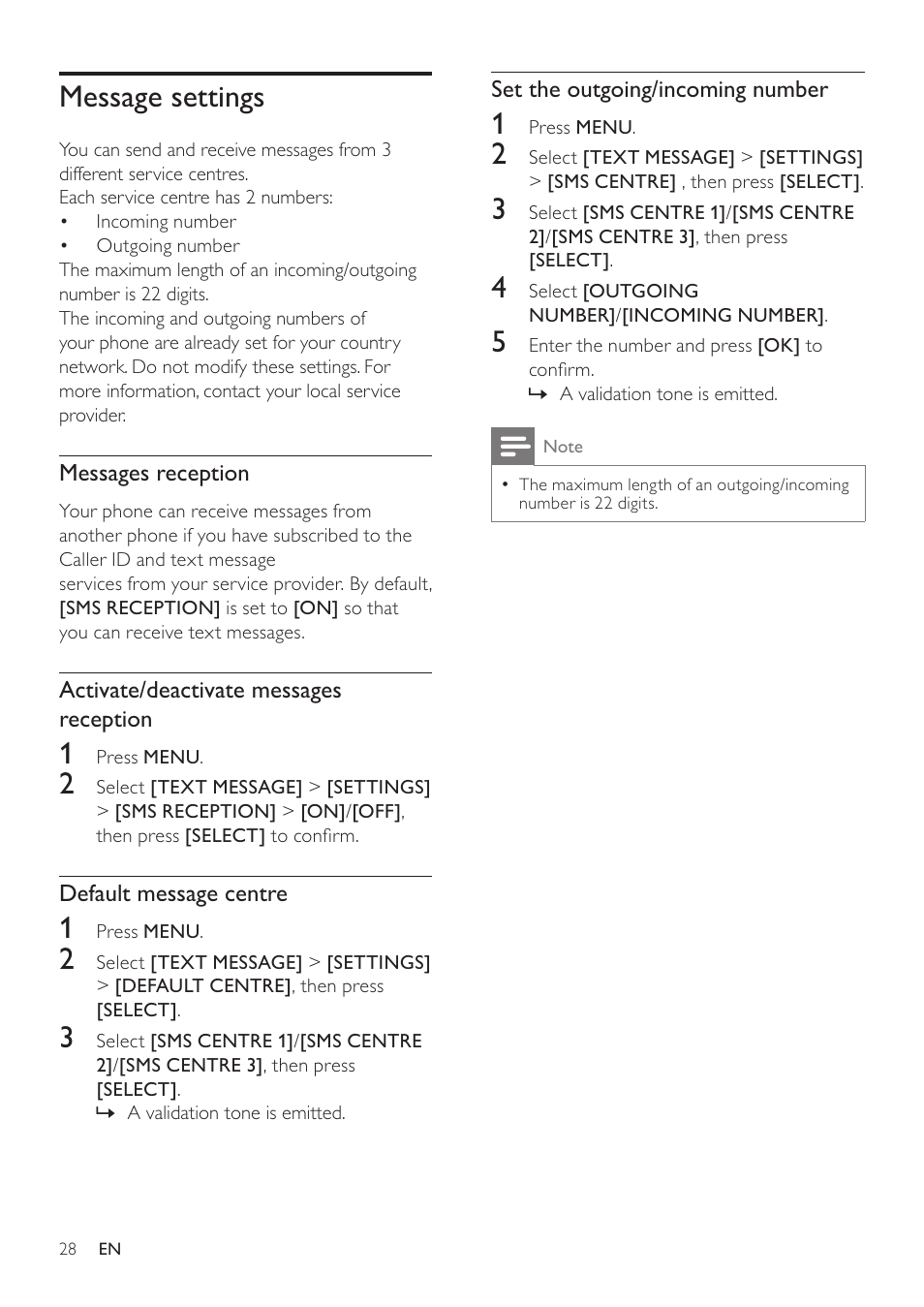 Message settings | Philips SE765 User Manual | Page 28 / 52