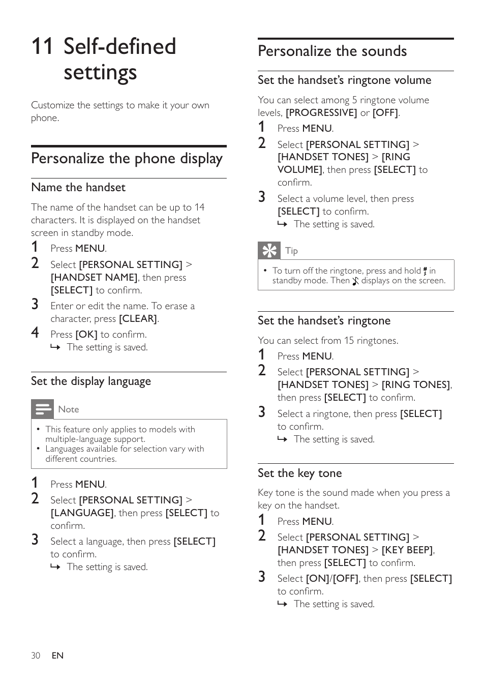 11 self-defined settings, Personalize the phone display, Personalize the sounds | 11 self-deﬁned settings | Philips SE765 User Manual | Page 30 / 52